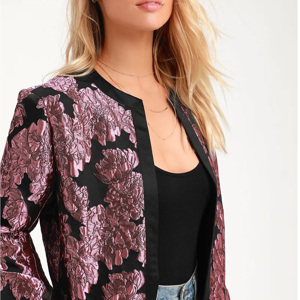 NWT Lulu's Mayia Purple and Black Jacquard Floral Print Long Jacket - Picture 15 of 15